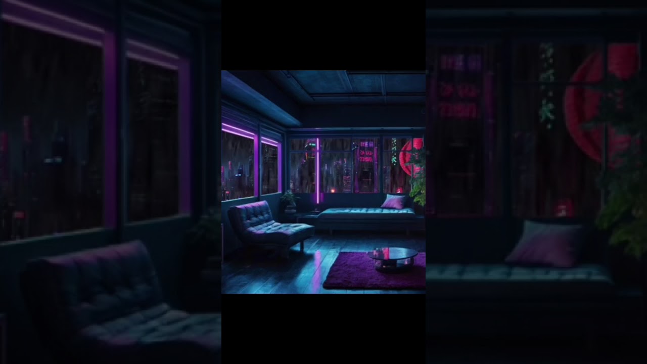 Cyberpunk Living Room Ambience | Heavy Rain, Neon City Lights & Distant Thunder