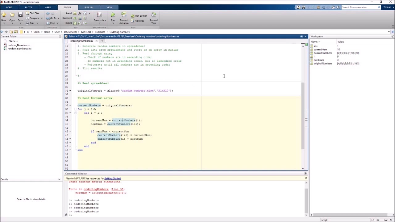 Basic MATLAB exercise involving a for loop, while loop and if statement
