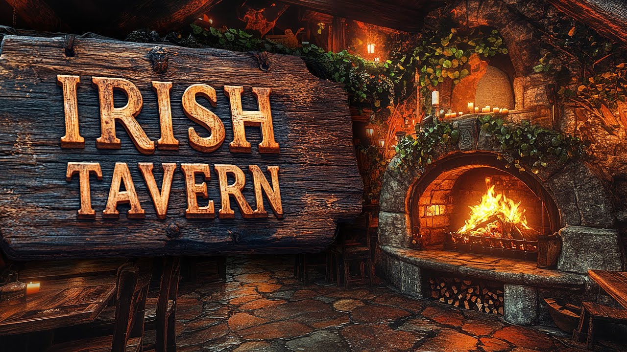 Celtic tavern.  Cozy Gaelic melodies by the fireplace. Fire cracking sound.