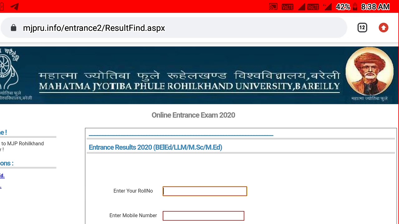 Mjpru Entrance Exam Results LLM,BLED,MSC,MED Out