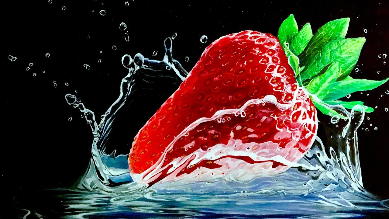 【油絵】水に落ちる苺  (Drawing a realistic strawberries falling into the water by oilpainting.）