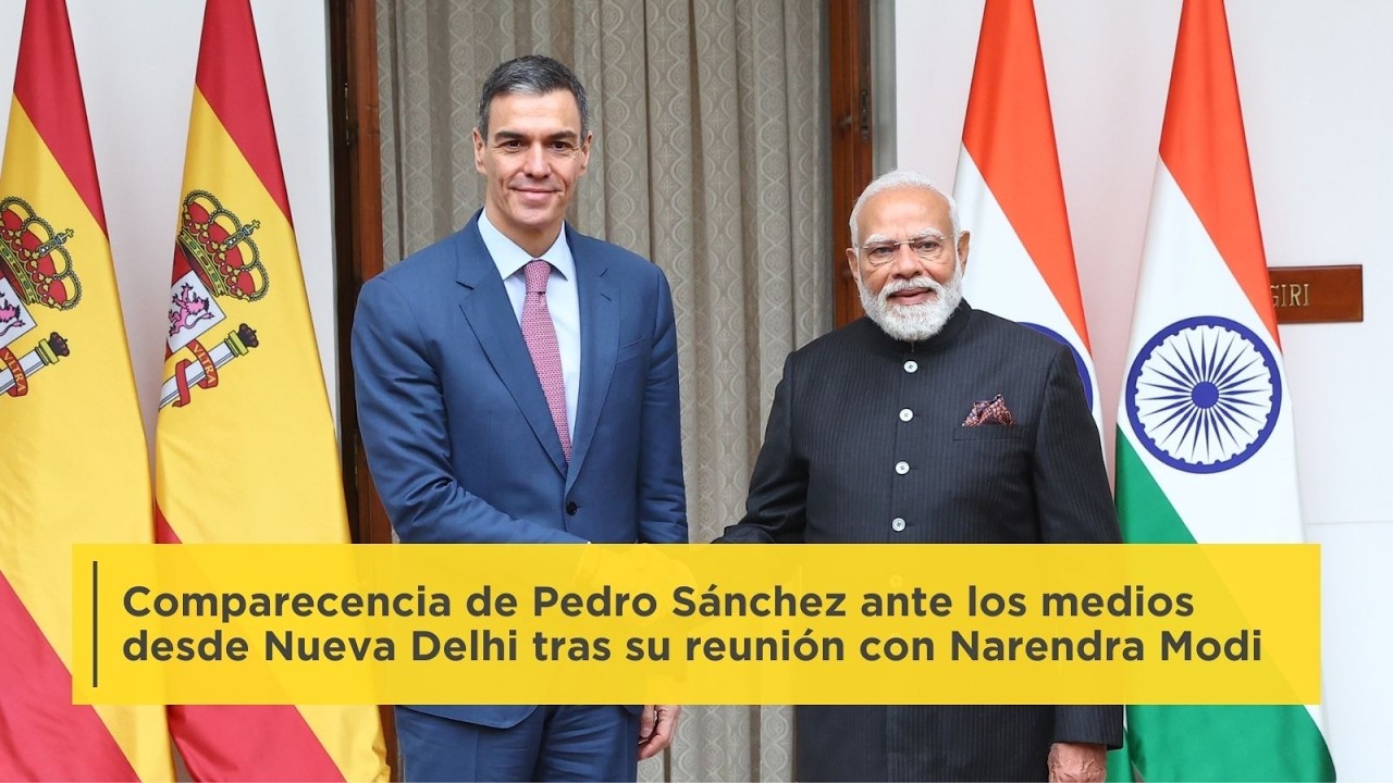 Pedro Sánchez comparece ante los medios desde Nueva Delhi tras su reunión con Narendra Modi