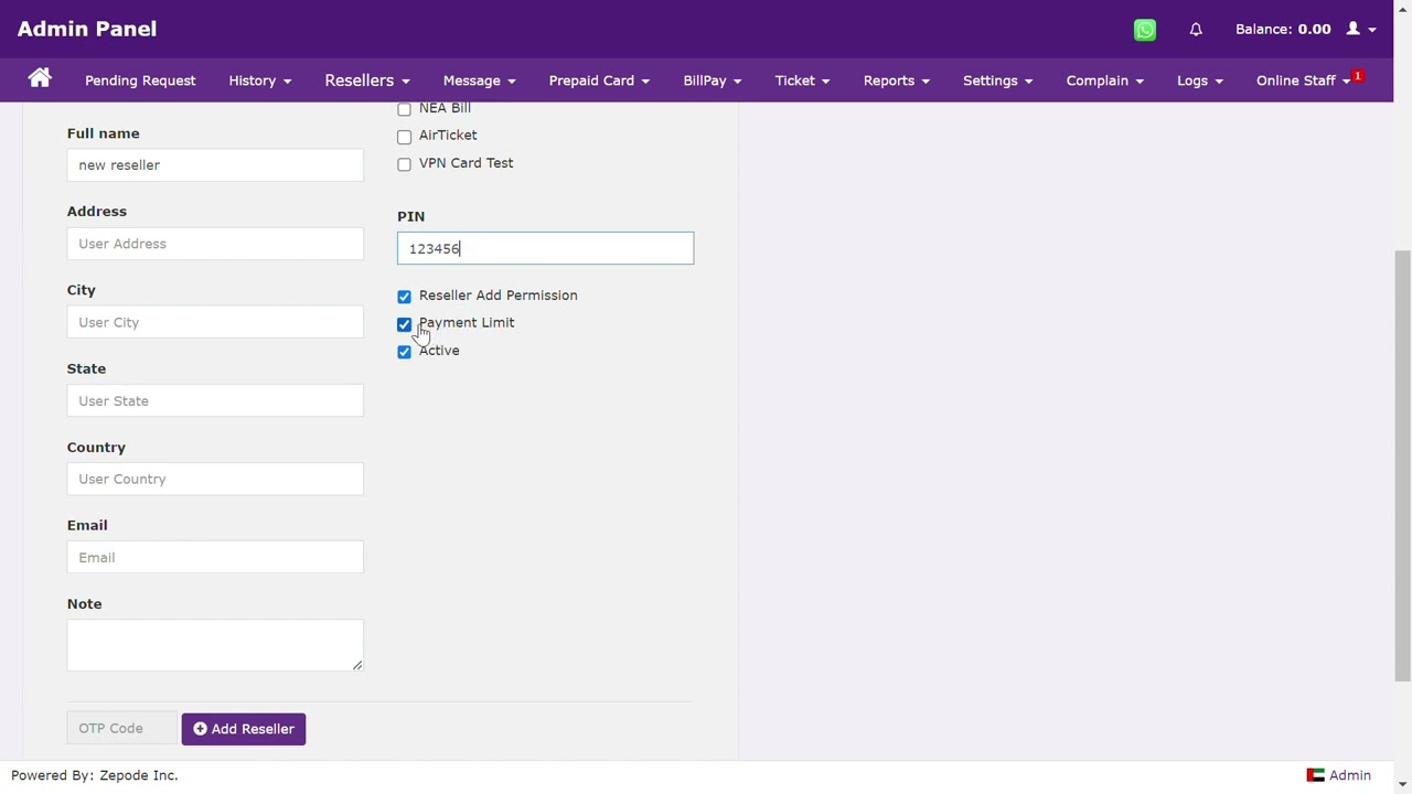 Add New Reseller - Admin Panel - SBS PLUS