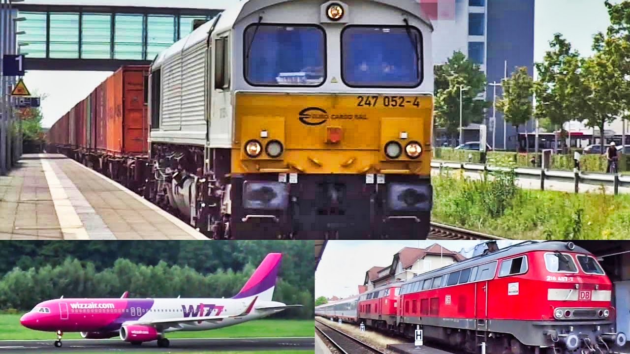 Züge in Friedrichshafen am 11.9.15 mit EuroCargoRail Class 77, BR 650, 218, 611 und Flugzeug
