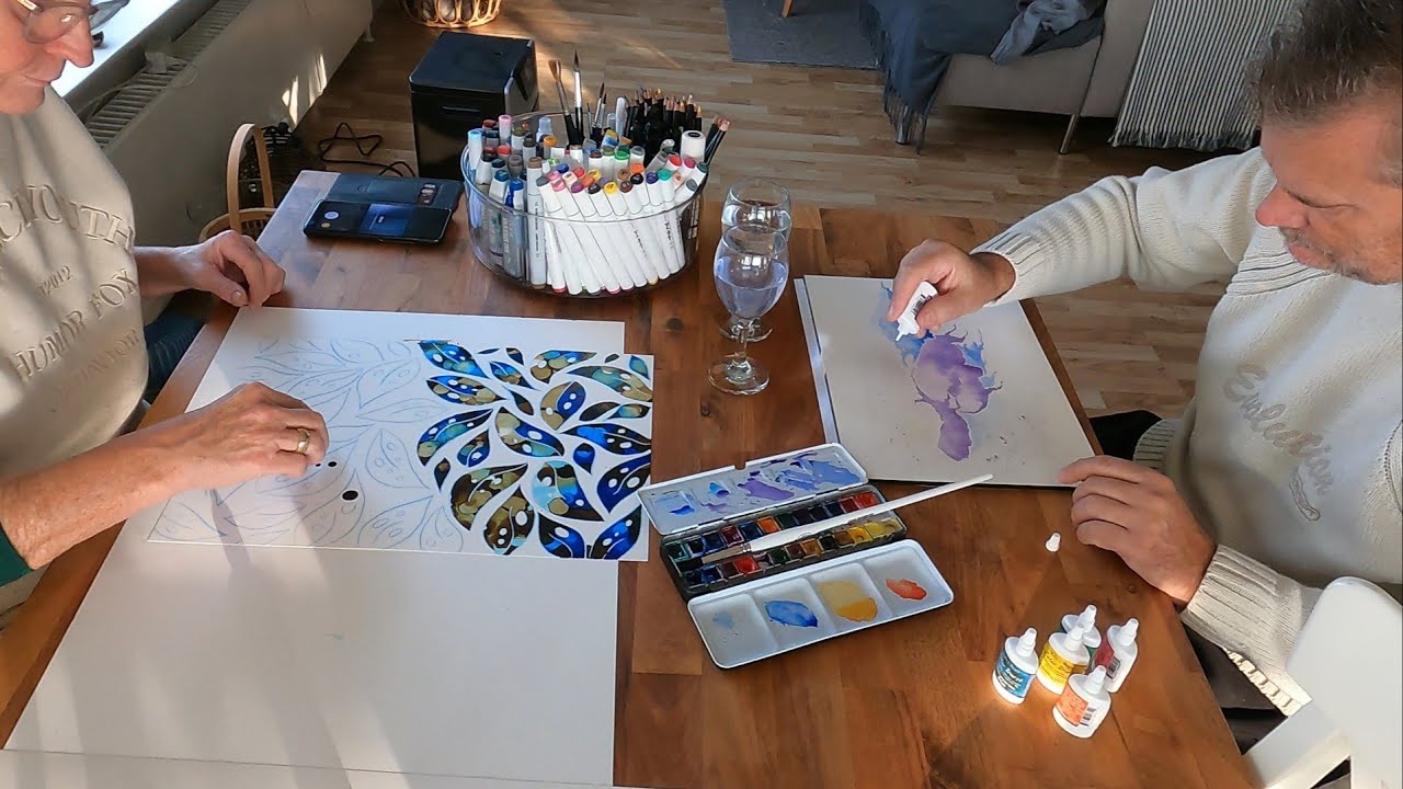 Husband and Wife Cozy Painting Time / Watercolor / Alcohol Ink / Color Burst and Posca Pencil [258]