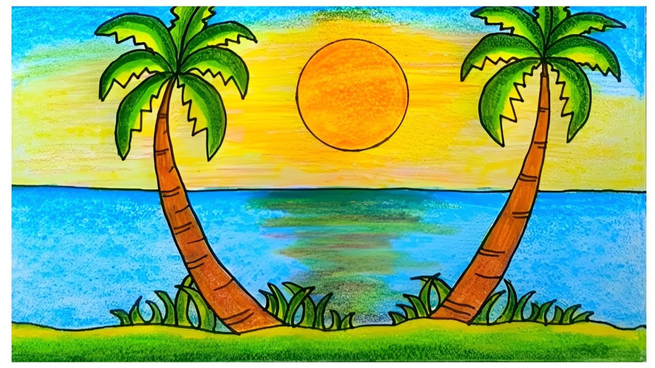 সূর্যোদয়ের দৃশ্য অংকন || River View Village Sunrise Scenery Drawing. #landscape #sunrise 
