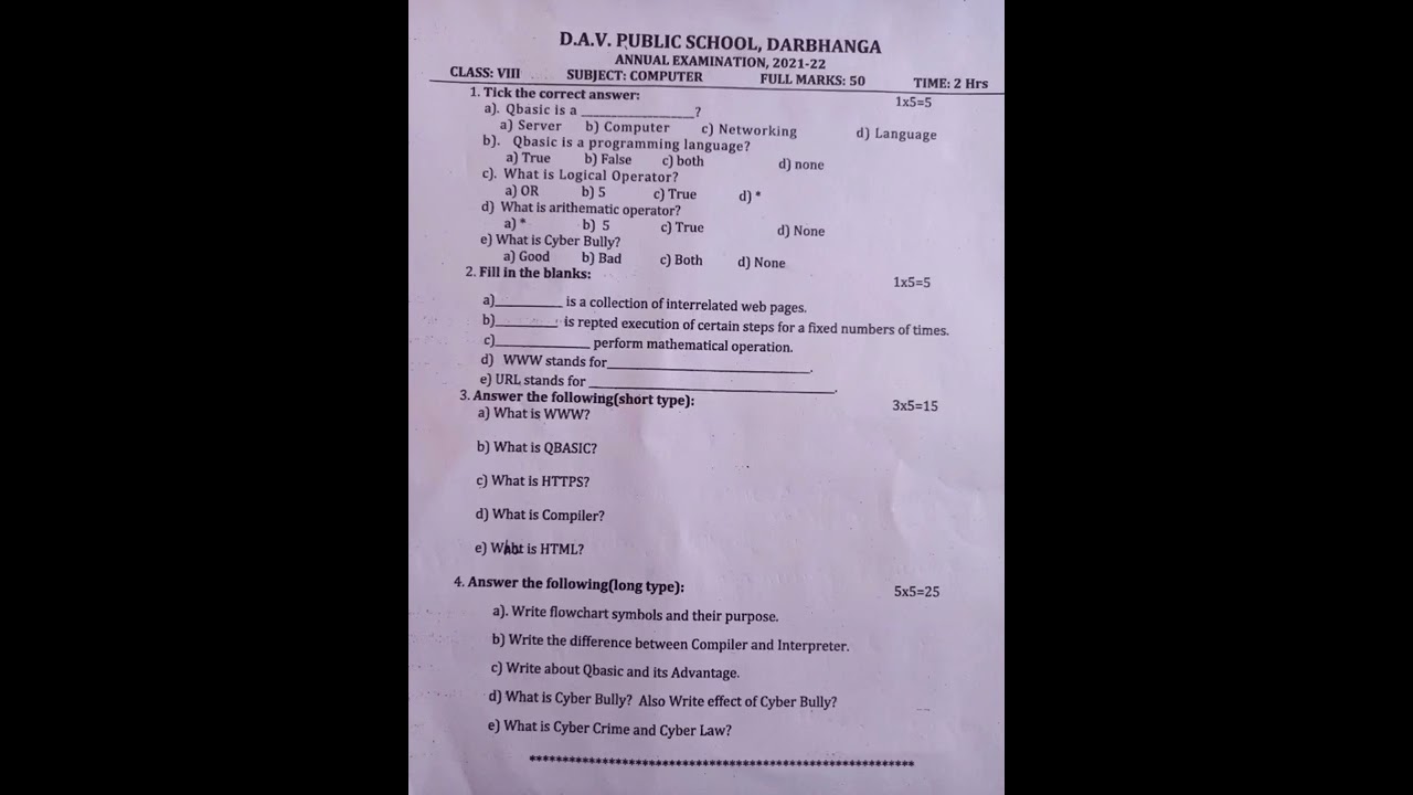 DAV Class-8 Annual Exam Question Paper of Computer 2021-2022