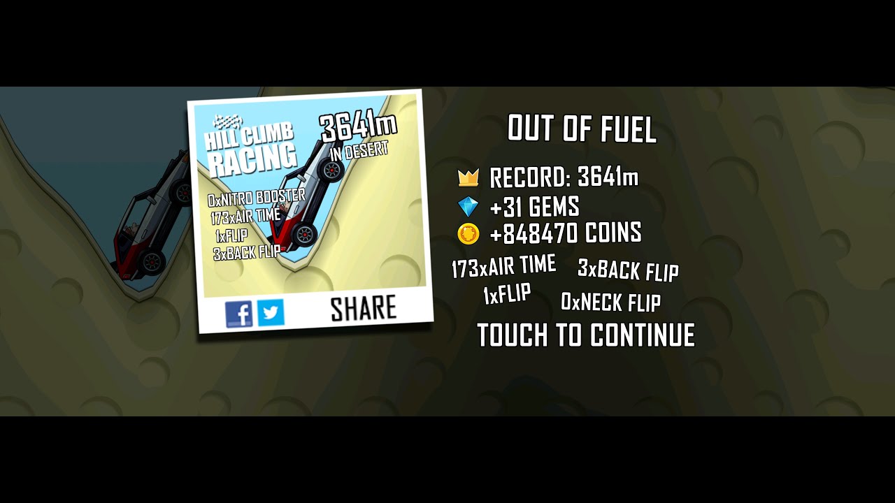 Hill Climb Racing: 3641m in Desert on Fast Car (no boosters, no pets)