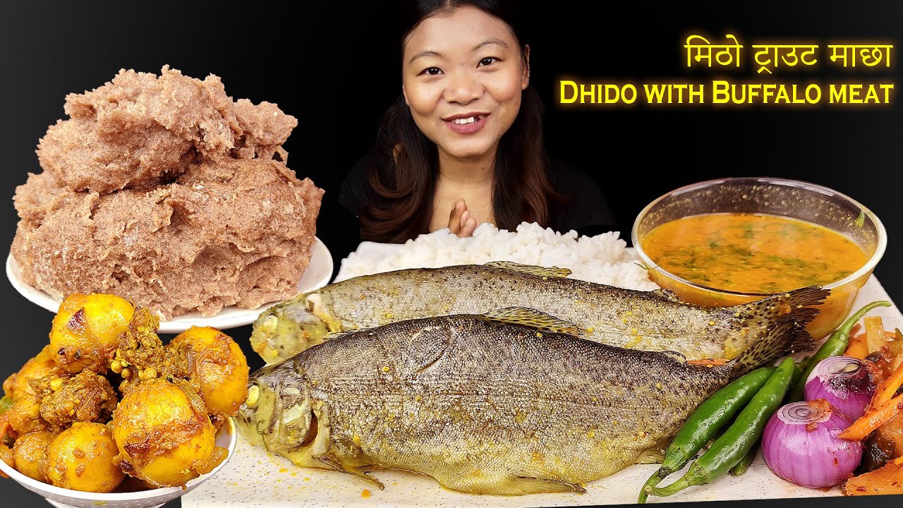 Eating Trout Fish🐟Dhido With Yum & Buffalo Meat Curry, Fish Curry, Nepali Mukbang, Eating Show