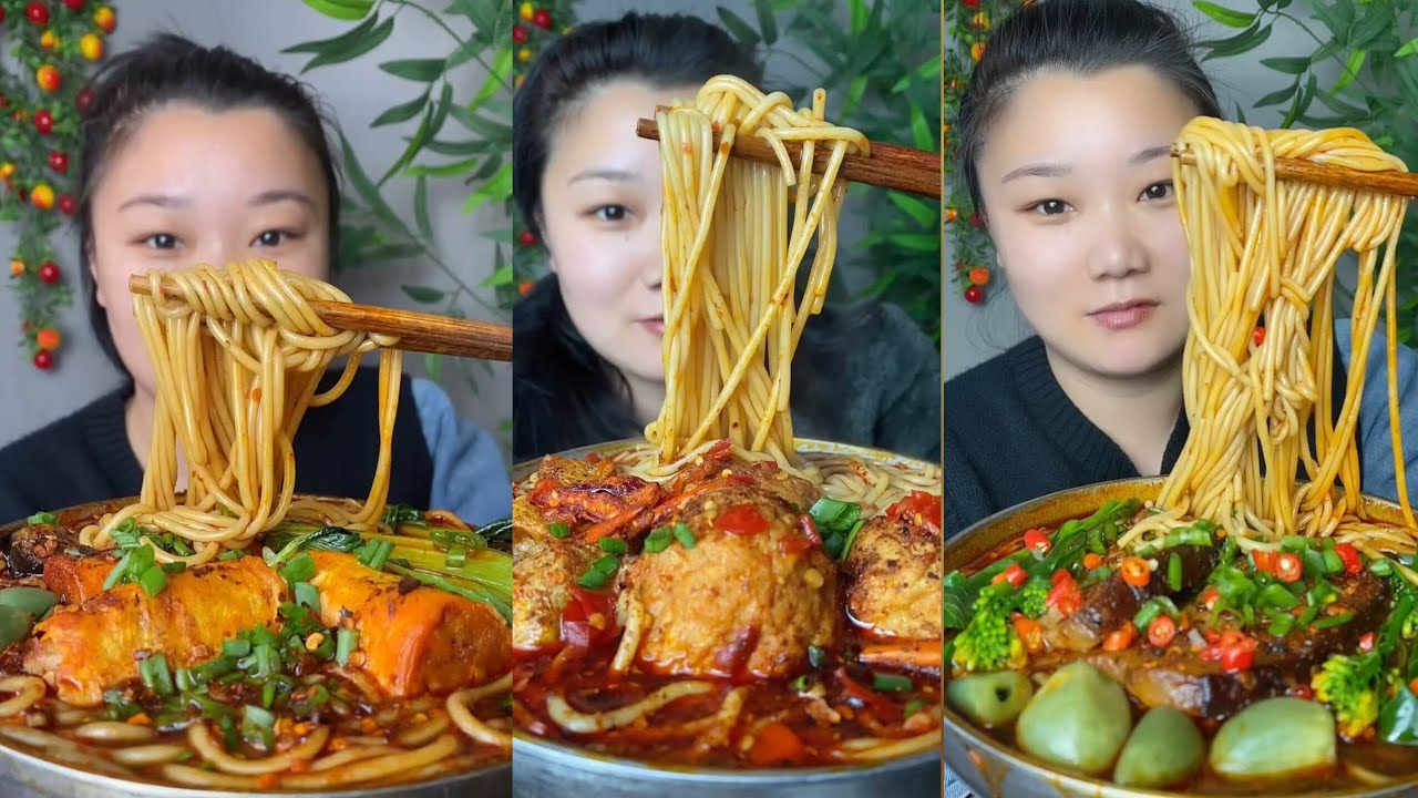 Yummy #18 ,Chinese mukbang, huge Spicy Noodles feast! 🍜 & Dumpling Soup 🍲😋.