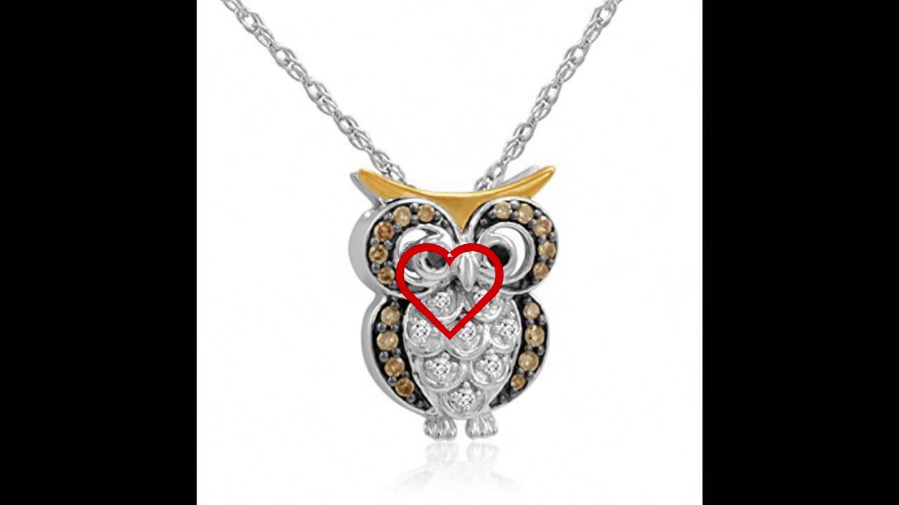 Chocolate and White Diamond Owl Pendant Necklace 1 by 10 ct. tw. in Sterling Silver and 14k Gold