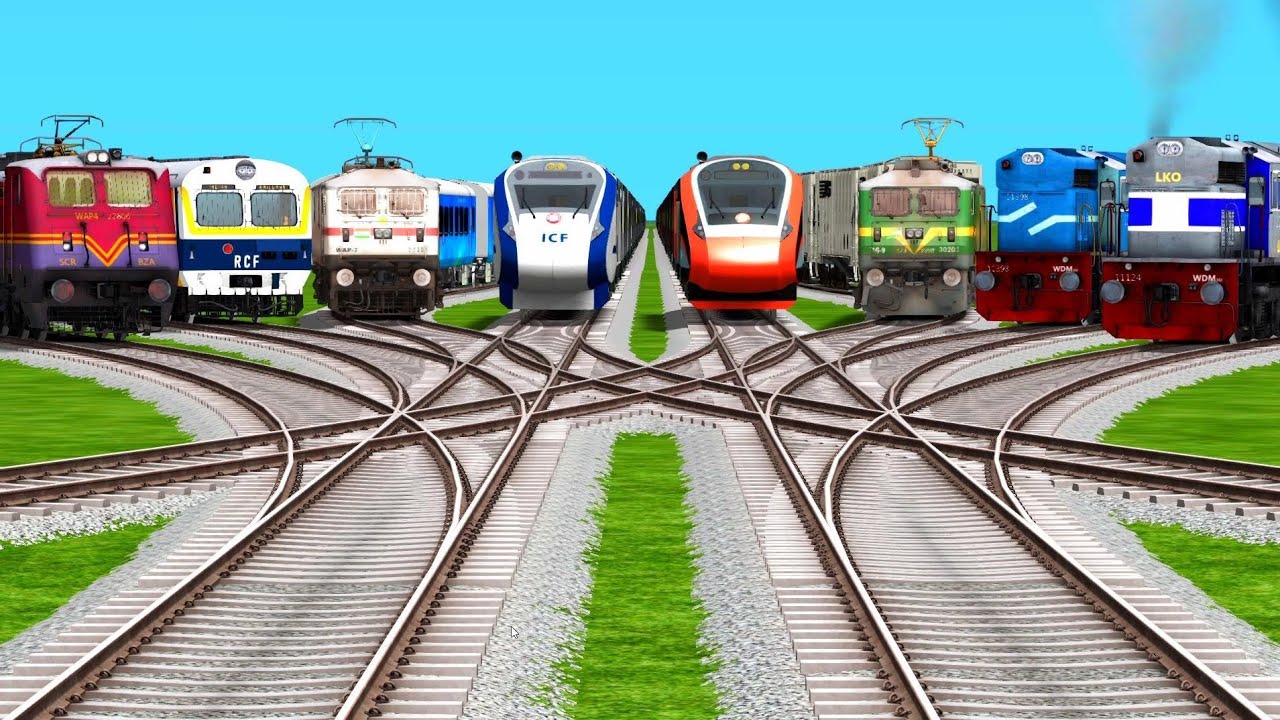 Eight Trains Crossing By Curved Railroad Tracks | indian railways | train simulator indian train 