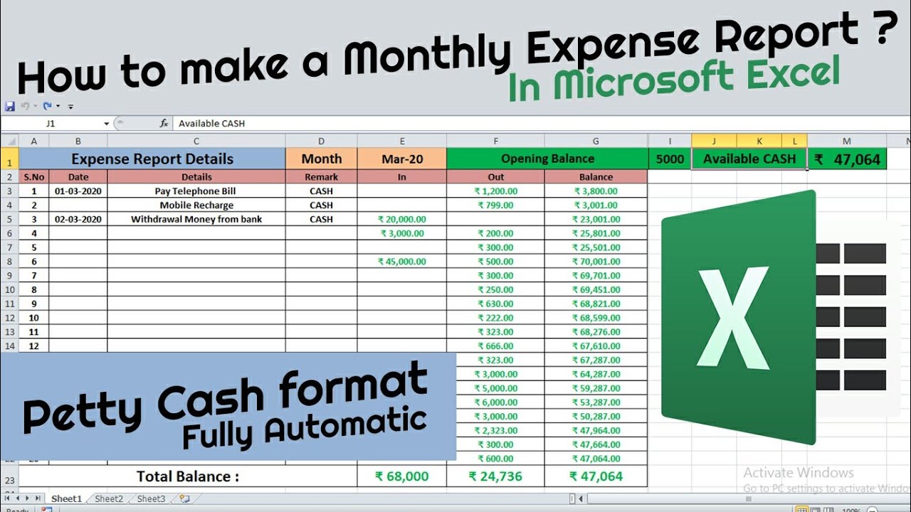 How to create expense report in Excel in Hindi | Daily Petty cash Manage  in Excel tutorial in hindi