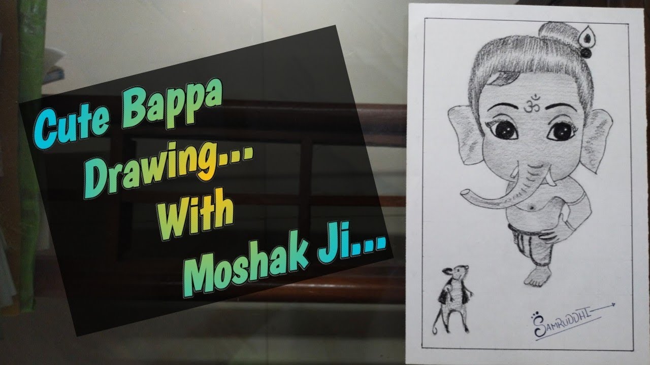Cute Bappa Drawing... Ganesh Ji Drawing With Moshak Ji... Ganapati Bappa Drawing...