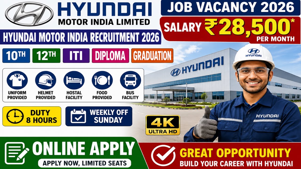 Salary 28,500 Hyundai Motor India Limited Job Vacancy 2026 | Hyundai Motor India Recruitment 2026