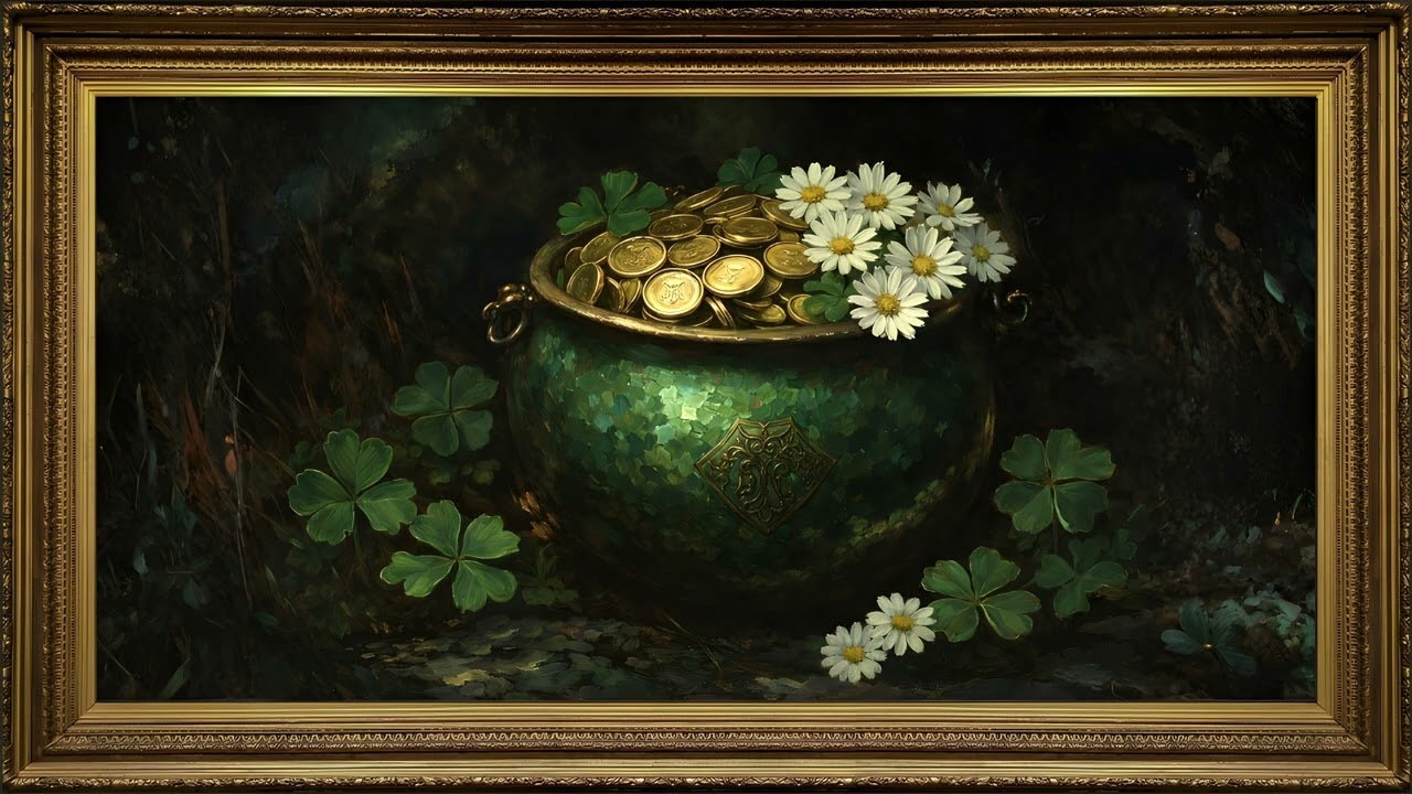 Lucky Irish Shamrocks and Daisies, Vintage Oil Painting | Framed TV Art Screensaver