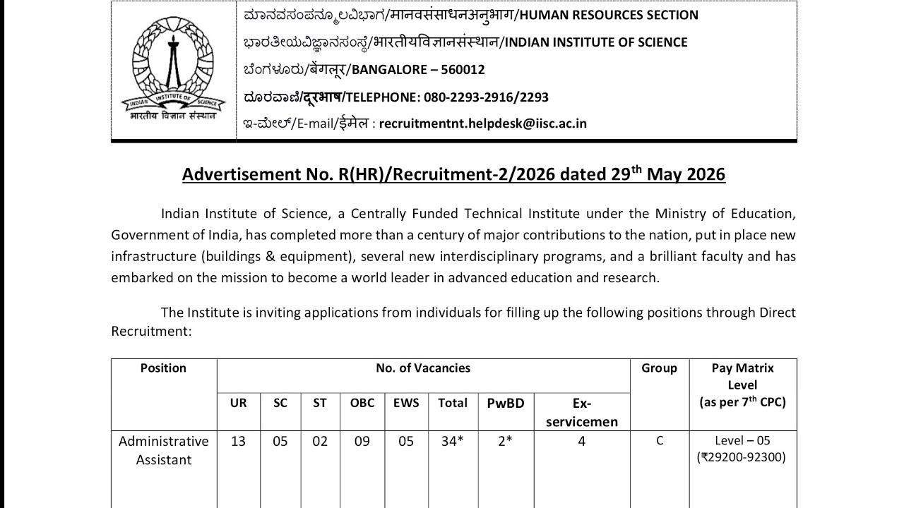 🏆IISC Bengaluru Recruitment 2026| ✉️Eligibilty, Exam Pattern, Syllabus & Age limit details! No Mains