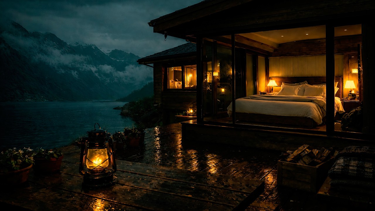 Alpine Cabin Rain Ambience | Tranquil Lakeside Night Retreat