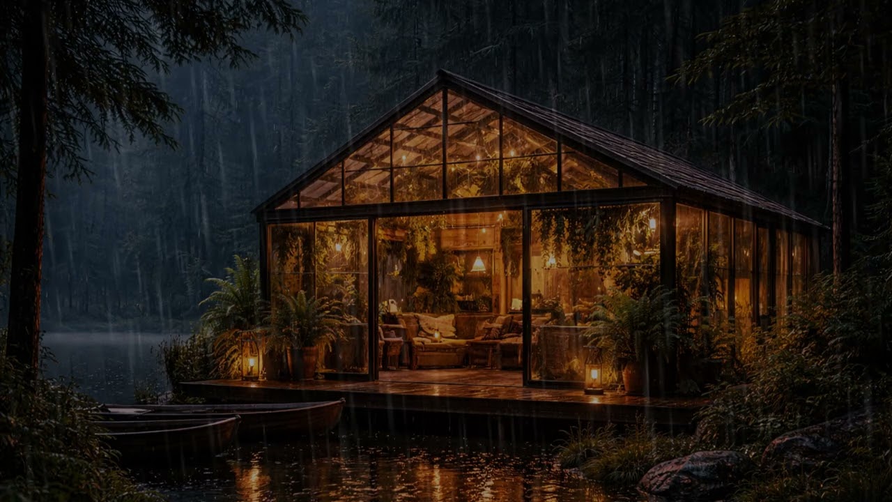 8 Hours Rain by a Cozy Lakeside Greenhouse 🌧️ | Deep Sleep Sounds