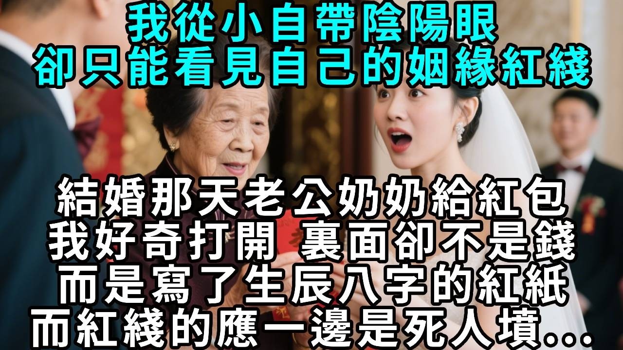 我從小自帶陰陽眼，只能看見自己的姻緣紅綫。結婚那天，老公奶奶給紅包。我好奇打開 裏面卻不是錢，而是寫了生辰八字的紅紙。而紅綫的應一邊，是死人墳...