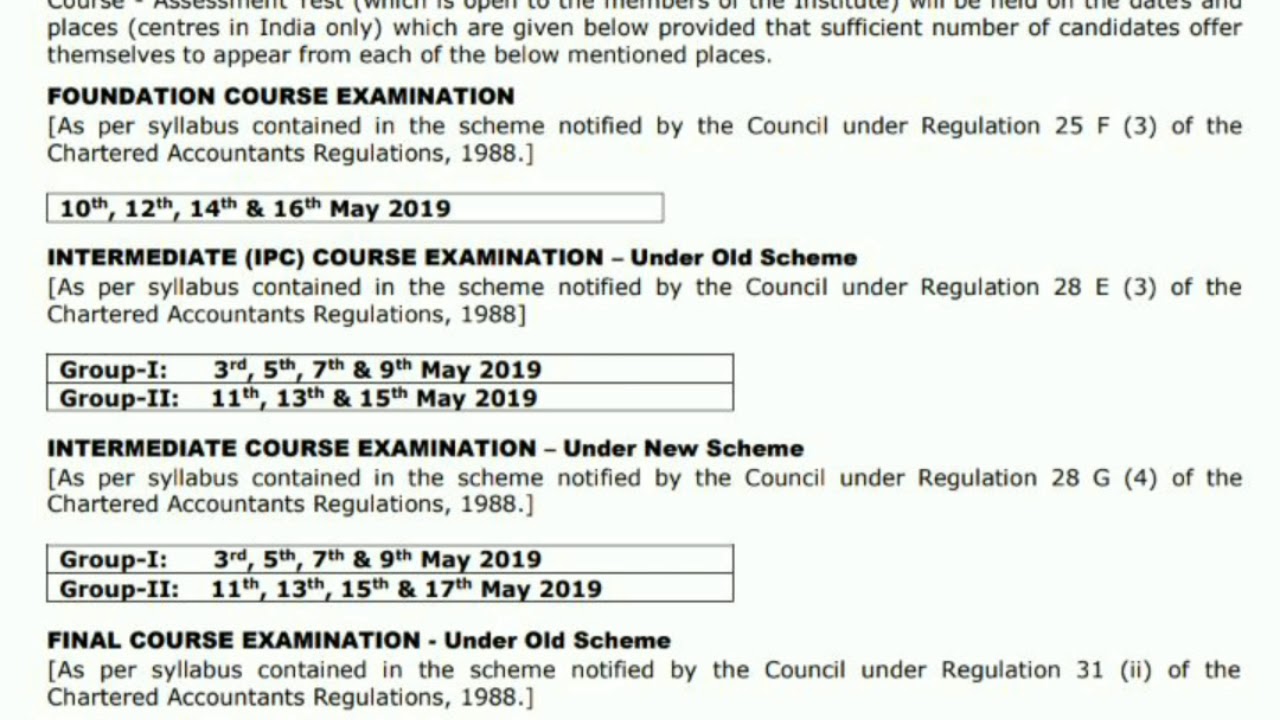 Exam Date... CA INTER : CA IPCC : CA FINAL FOR MAY 2019