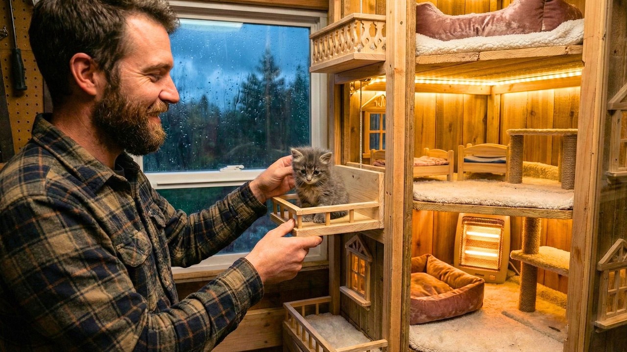 She was lost in the storm! He built a heated cat mansion with an elevator for a stray kitten (ASMR)