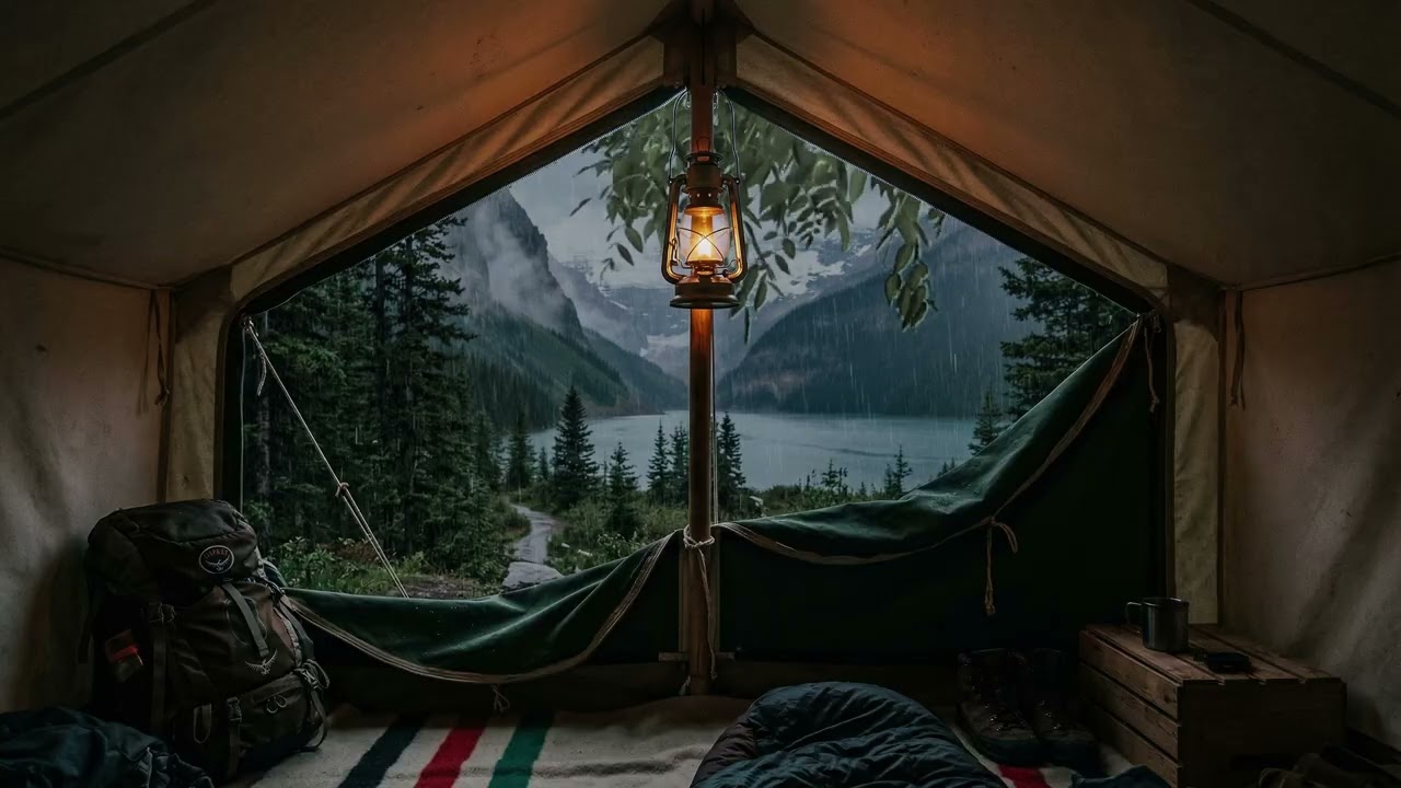Forest Rain Echoing Over A Small Camping Tent Beneath Tall Misty Pines