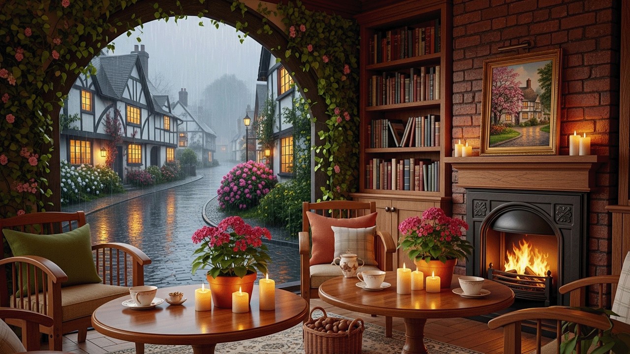 Cozy Cafe During the Rain 🌧️ Relaxing Piano by the Fireplace