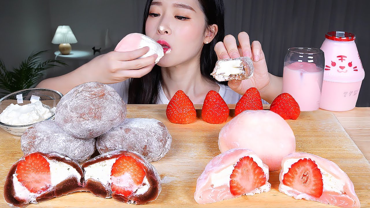 ASMR MUKBANG | Рисовый пирог с клубничным молоком и шоколадным молоком 🍓 Ледяной рисовый десерт