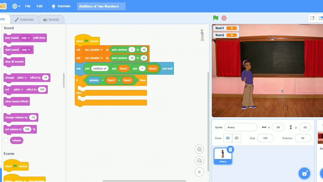 Addition of two numbers using Scratch