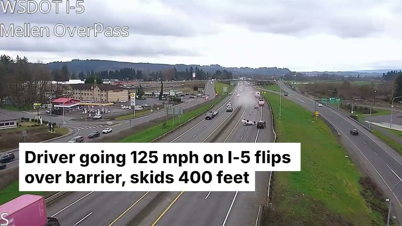 Driver going 125 mph on I-5 flips over highway barrier in Washington and skids 400 feet, police say