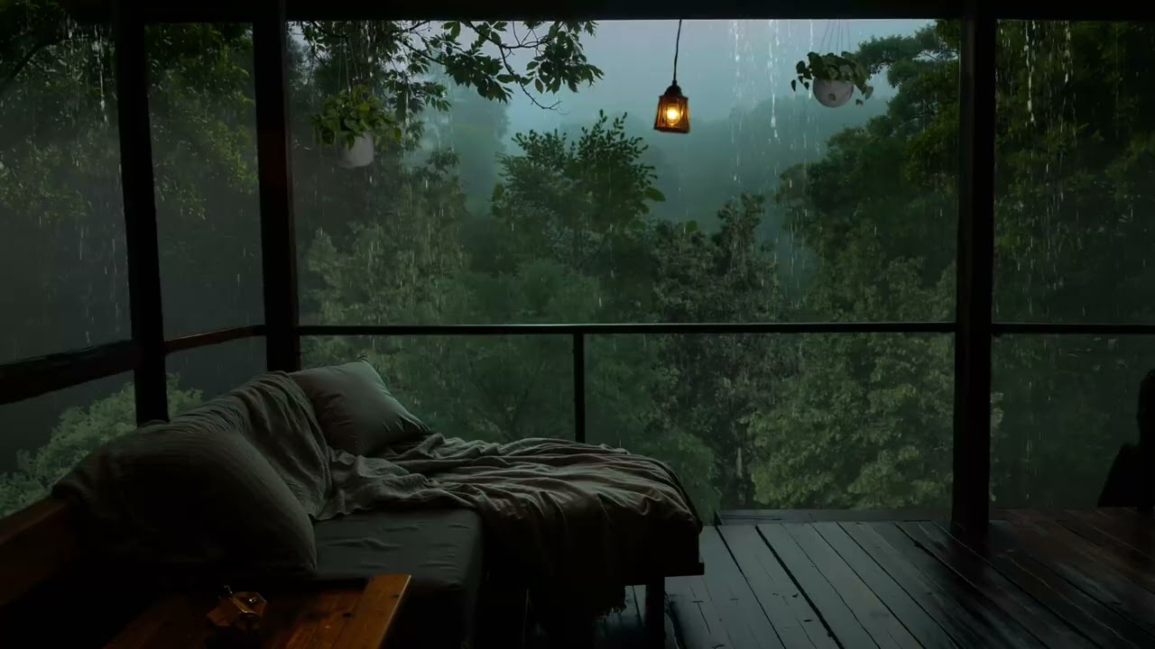 Tropical Rain Ambience - Cabin Balcony in the Wood with Soothing Rain