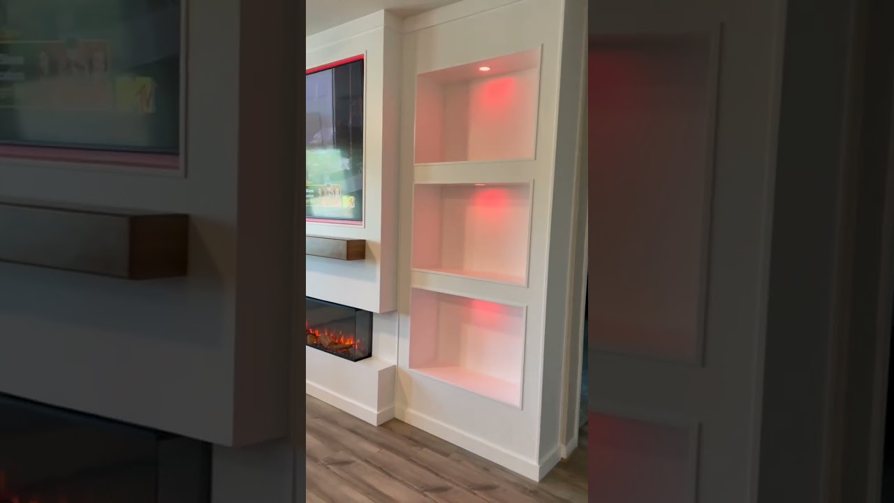 TV media wall with 3-sided fireplace and shelves ##mediawallideas #tvideas