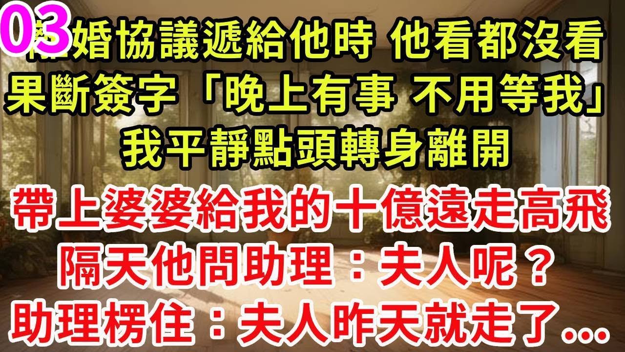 續集03來了！我把離婚協議遞給他時 他看都沒看，果斷簽字「晚上有事，不用等我」我平靜點頭轉身離開，帶上婆婆給我的十億遠走高飛，隔天他問助理：夫人呢？助理楞住：夫人昨天就走了...#危情博弈