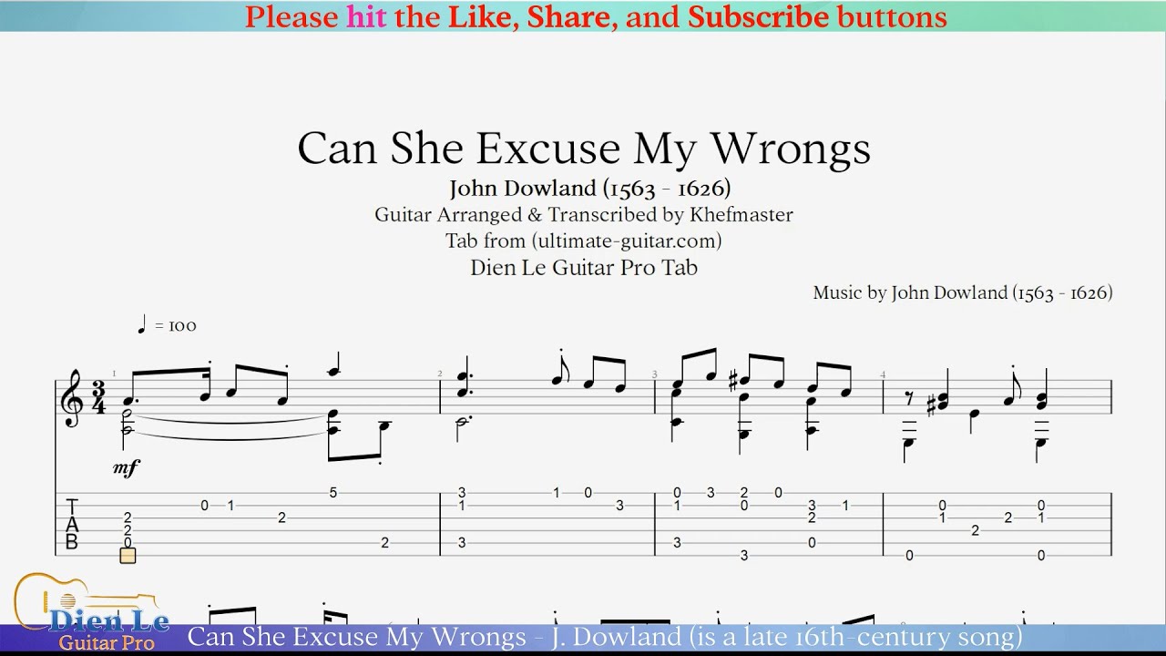Can She Excuse My Wrongs - J. Dowland (is a late 16th-century song) for Classical Guitar with Tab
