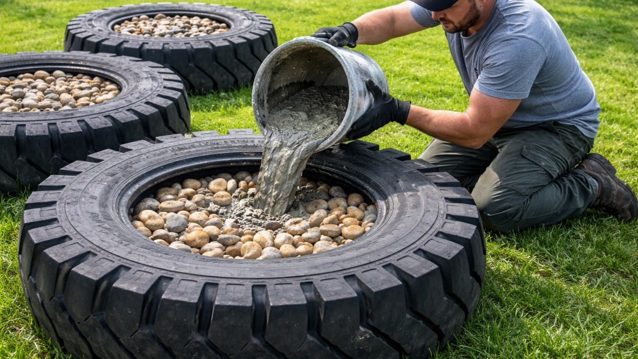 Pouring cement into car tires // Amazing unique artwork: making unique and easy cement flower pots