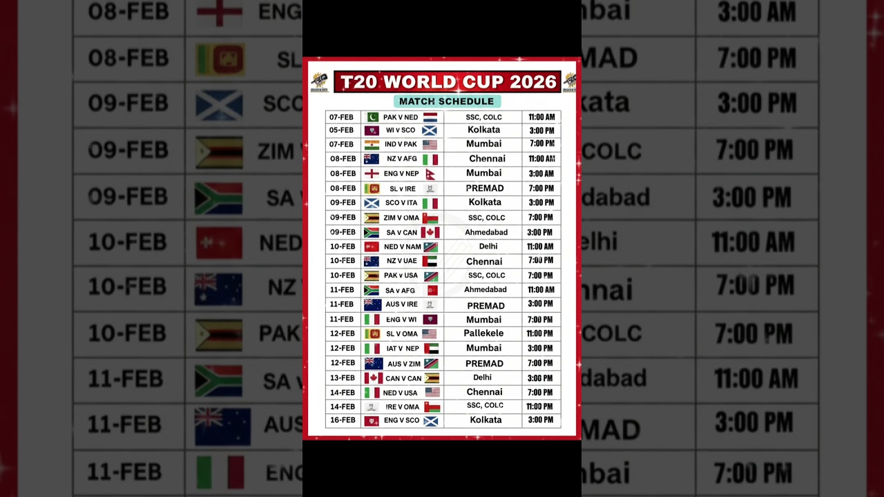 T20 World Cup 2026 Full Match Schedule | All Teams, Dates & Venues