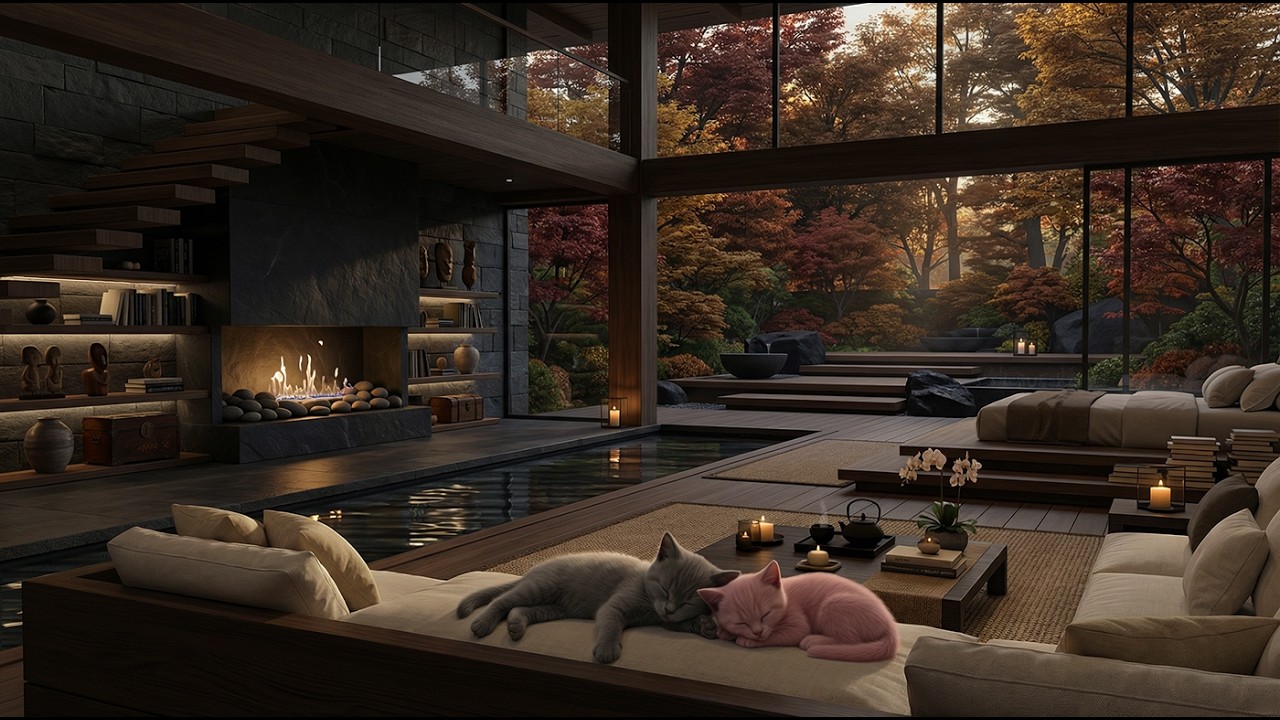 Japandi Water Sanctuary & Fireplace (Bamboo Flute Meditation) — Sleeping Cats (Series No. 9)