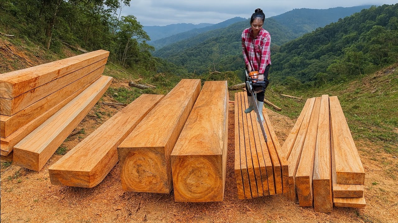 The girl built a Wooden House from solid wood, Resilient and courageous