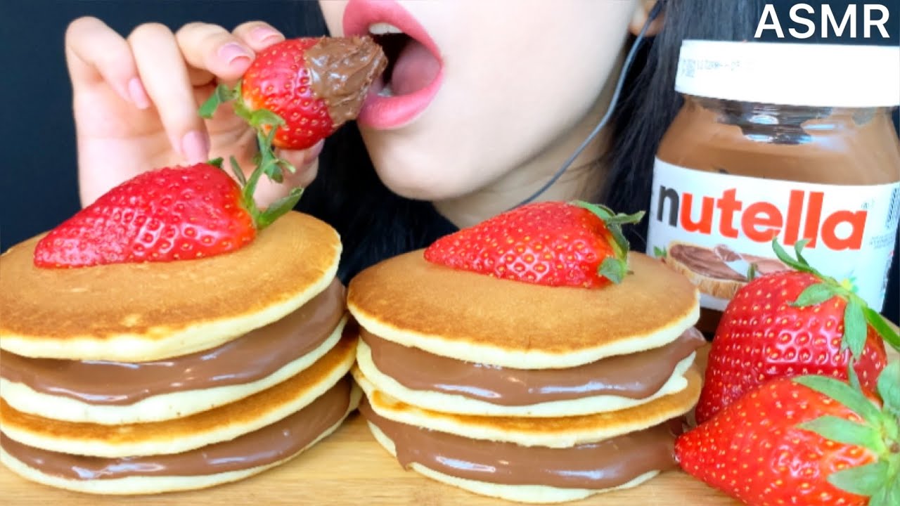ASMR Pancakes + Nutella + Strawberry 누텔라 팬케이크 + 우유 | Mukbang (Eating Sounds)