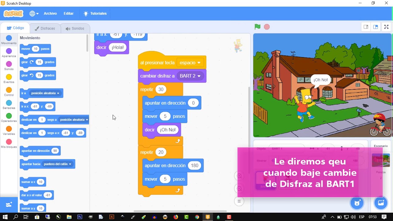 SCRATCH CAMBIO DE ESCENAS, VARIABLES ,IMPORTAR IMÁGENES, DISFRAZ CON MOVIMIENTO - GANA Y PIERDE