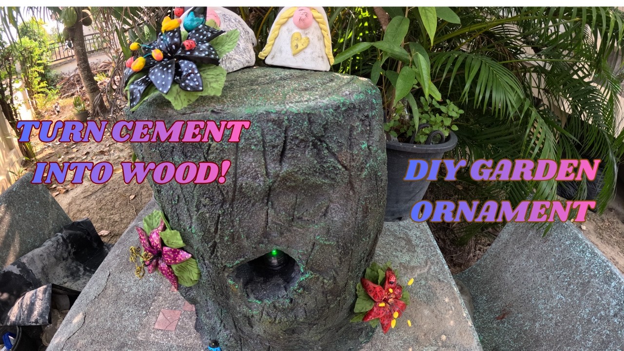 DIY Realistic Cement Garden Log with Handmade Flowers & Norse Gnomes