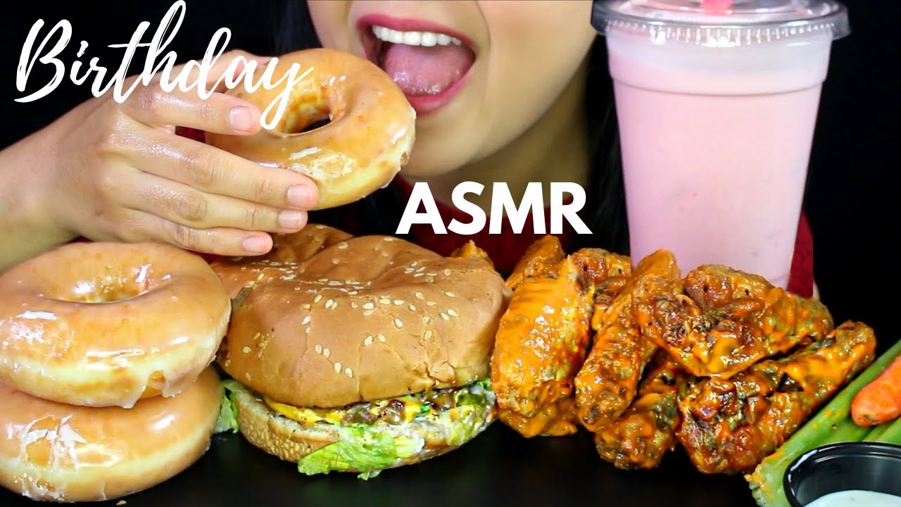 ASMR BIRTHDAY FREEBIES! Buffalo Wild Wings, Krispy Kreme, Habit Burger and Del Taco EATING SOUND
