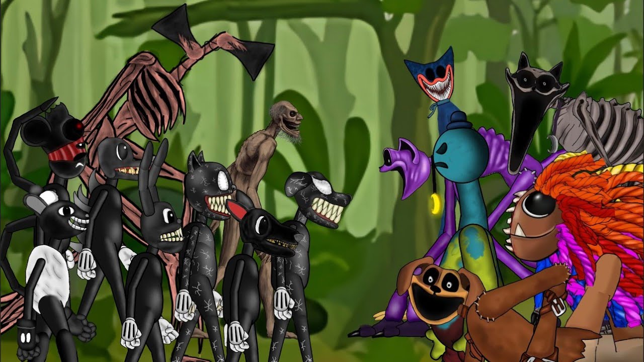 Poopy playtime team vs Cartoon cat, Dog, Mouse, Rat, Rabbit, Crocodile, Sheep, Siren hand, SCP 4666