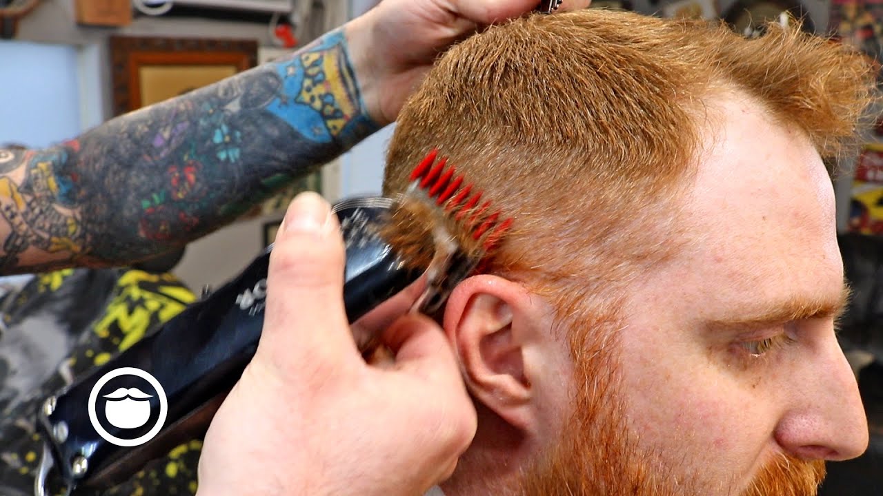 Red Hair Mid Skin Fade with Squared Beard Trim | The Dapper Den Barbershop