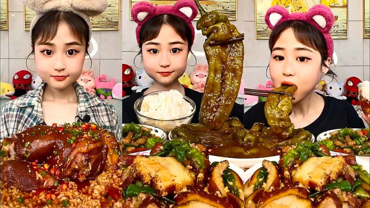 Spicy Noodles with Braised Pork Belly Eating Mukbang With Soft Boild Eggs and Chicken Drumsticks