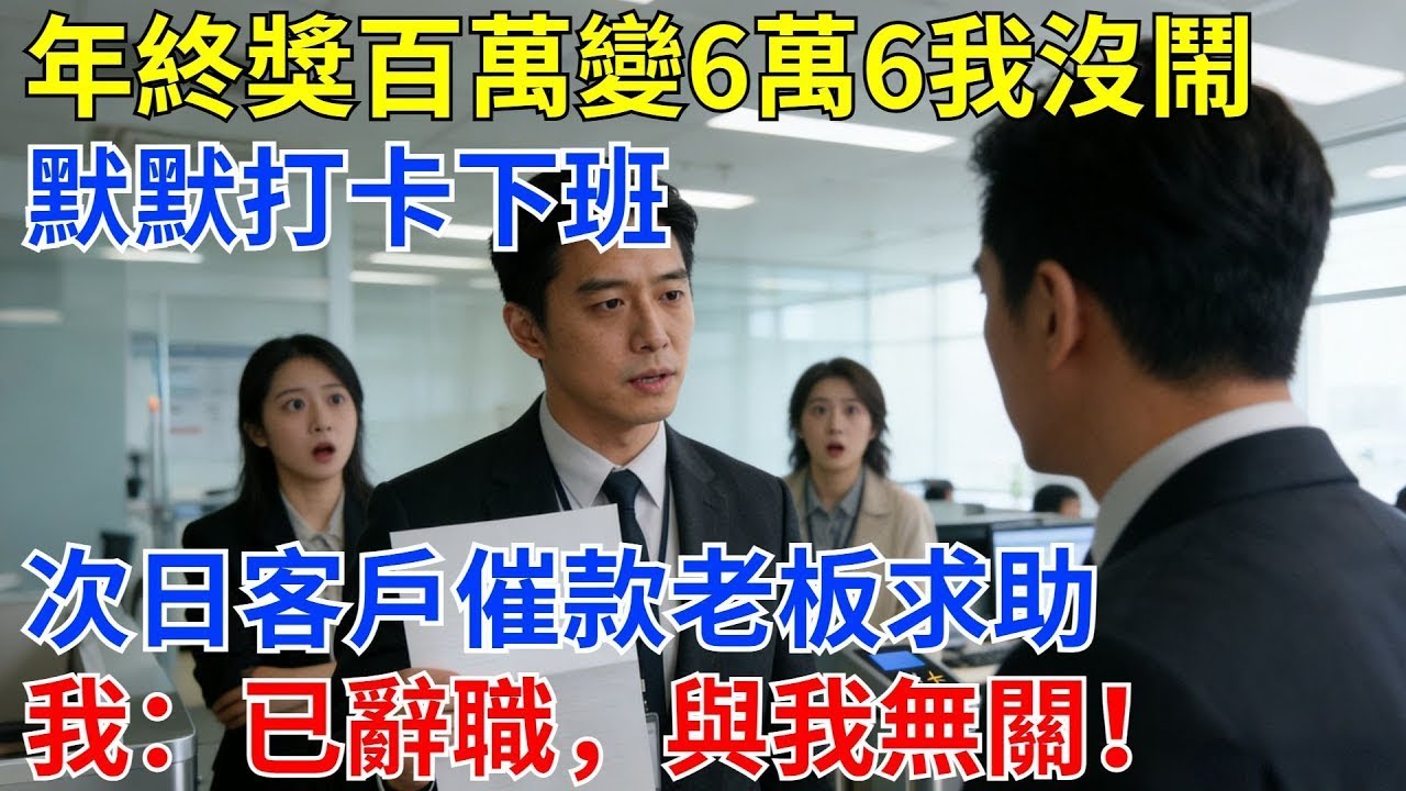 年終獎百萬變6萬6，我沒鬧，默默打卡下班，次日客戶催款老板求助，我：已辭職，與我無關！ #奇聞 #奇聞軼事 #故事頻道 #奇聞故事#職場故事#爽文#年終獎