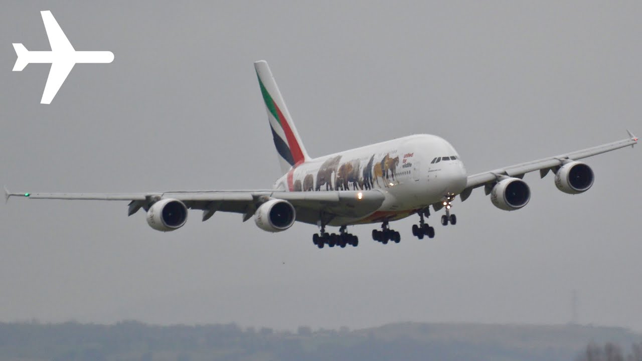 Emirates a380 'United For Wildlife Livery' Battles Crosswind in Storm Frank at Manchester Airport