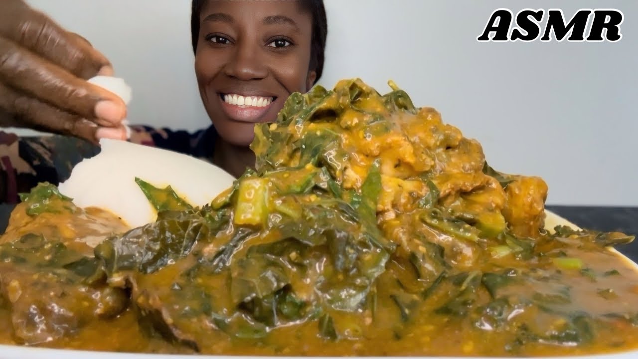 Asmr cooking and eating chicken, fufu ogbono soup | food eating challenge |african fufu eating asmr