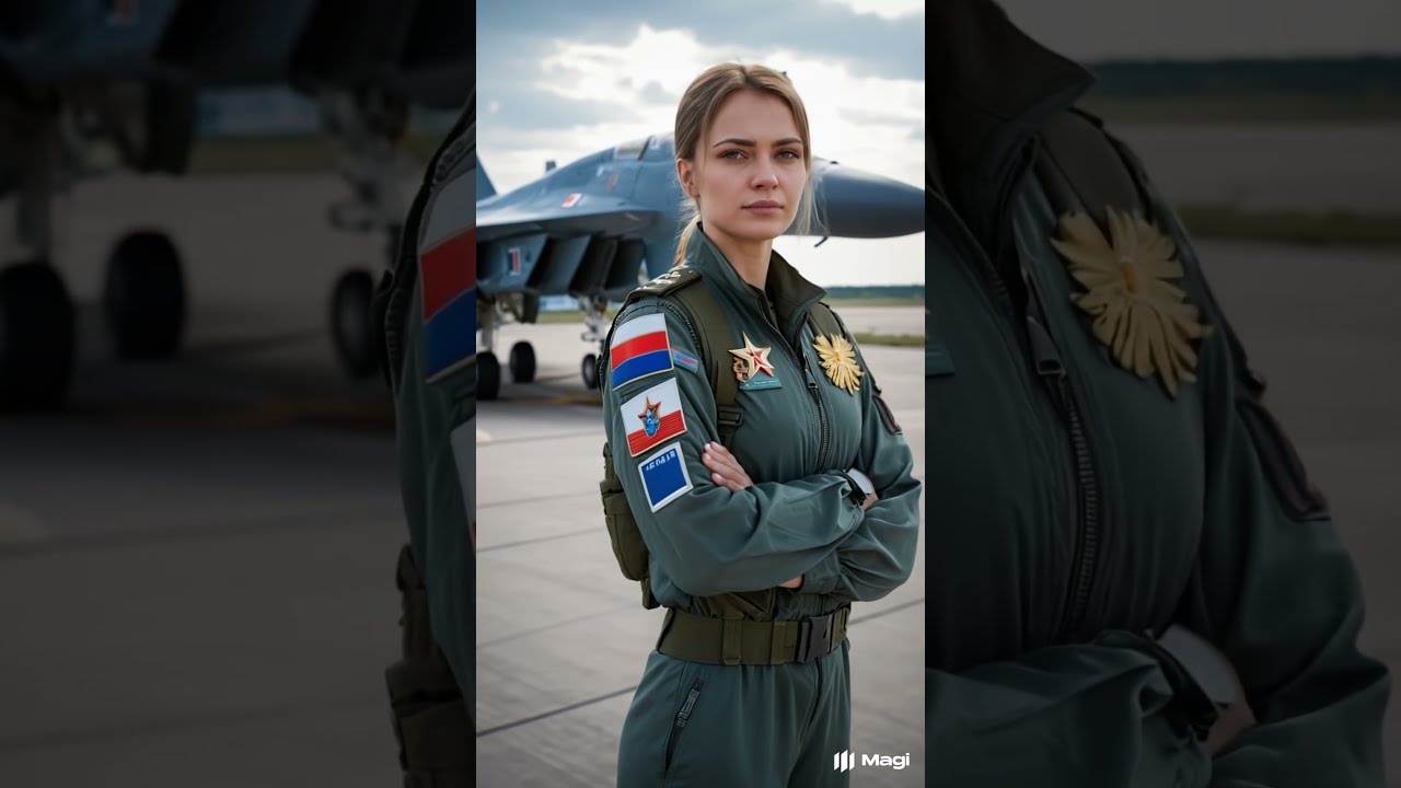 Russian Female Soldier with Fighter Jet – Power, Discipline, and National Pride 